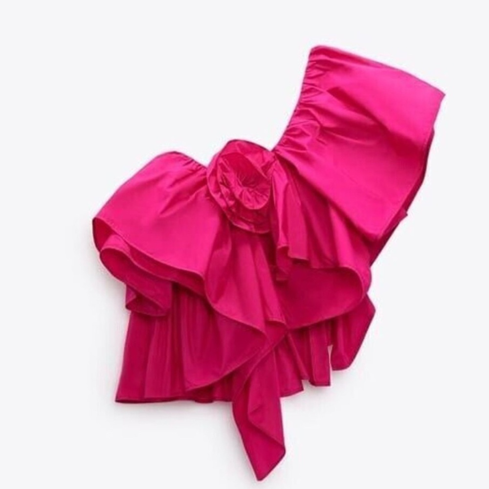 NEW 🩷 ZARA Xs Small WOMENS BARBIE BRIGHT PINK FUCHSIA RUFFLED ASYMMETRICAL TOP